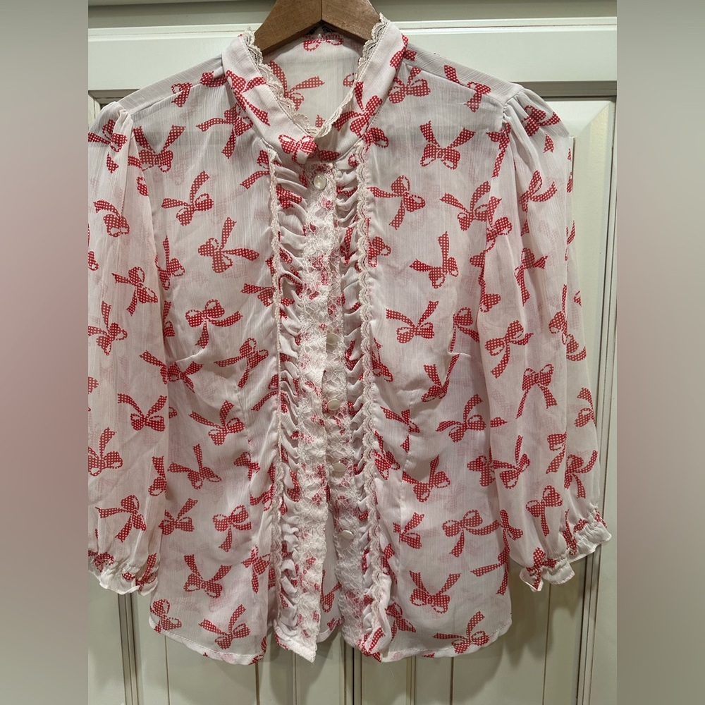 Bettie Page White-and-Red Bow Print Blouse